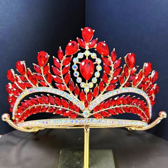 Red Ruby Crystal Crown, Quinceanera Crown, Gold Wedding Tiara, Princess Tiara main image 8